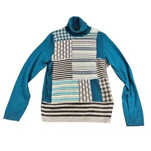 Talbots Womens Teal Patchwork Fair Isle Wool Cashmere Blend Turtleneck Sweater L